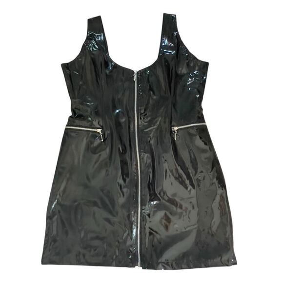 Vintage 90s Vinyl PVC Wet Look Goth Zip Front Black Mini Dress Size 16 NWT - Picture 2 of 15